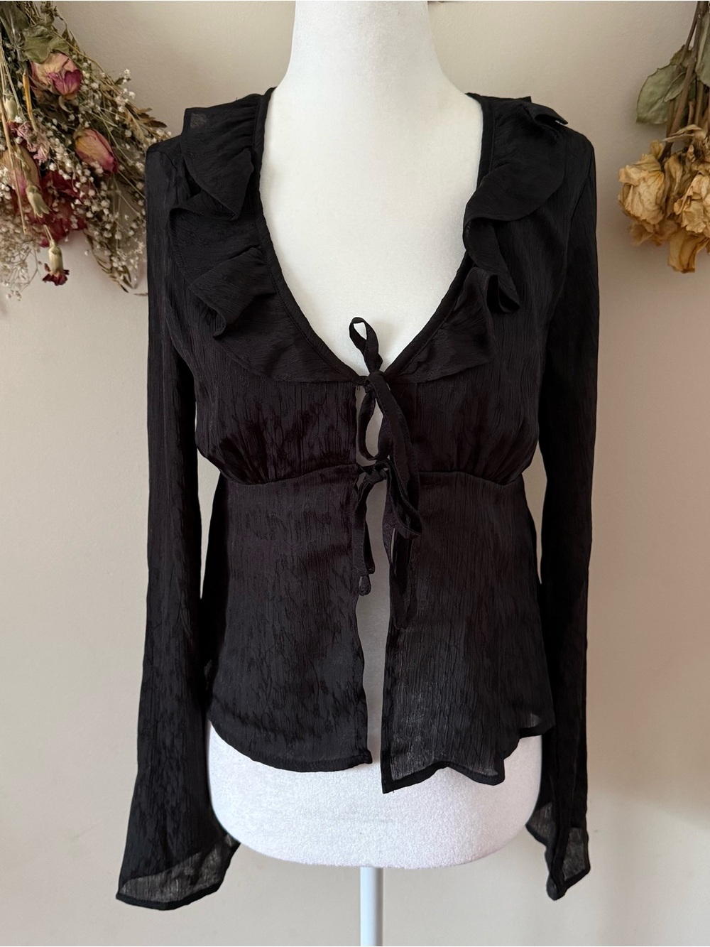 No Boundaries Black Ruffle Tie-Front Blouse